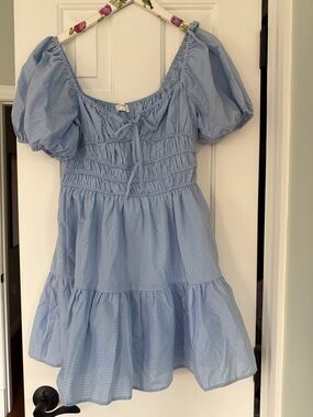 Storia Light Blue Puff Sleeve Smocked Mini Dress